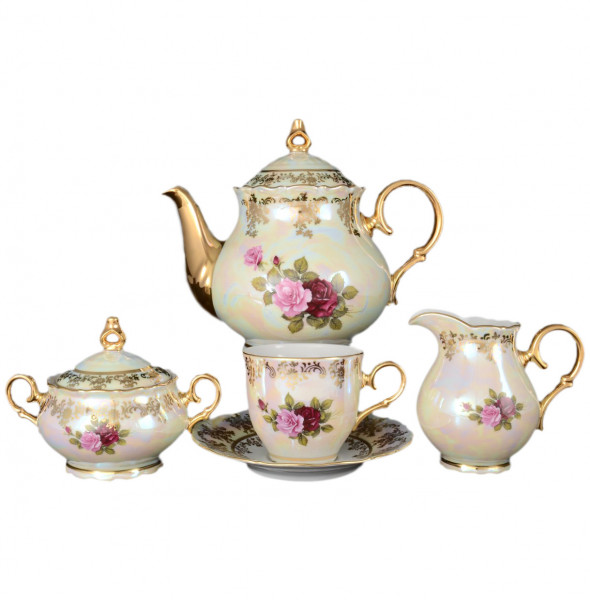Чайный сервиз на 6 персон 15 предметов высокая чашка  Bohemia Porcelan Moritz Zdekauer 1810 s.r.o. &quot;Офелия /Роза перламутр&quot; / 012791