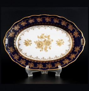 Блюдо 36 см овальное  Bohemia Porcelan Moritz Zdekauer 1810 s.r.o. "Офелия /Золотые розы /Кобальт" / 059155