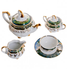 Чайный сервиз на 6 персон 15 предметов  Cmielow "Мария /Зелёная с золотыми листиками" (220 мл) / 038626