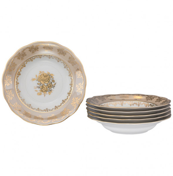 Набор тарелок 24 см 6 шт глубокие  Royal Czech Porcelain &quot;Аляска /Золотая роза /Бежевая&quot; / 204816