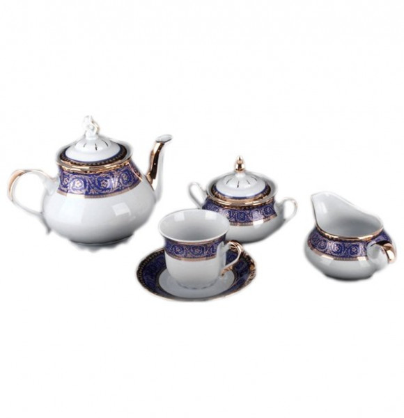 Чайный сервиз на 6 персон 15 предметов  Thun &quot;Констанция /Синяя полоса с золотом&quot; / 030456