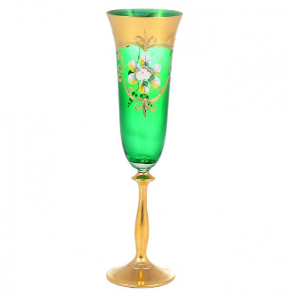 Бокалы для шампанского 185 мл 6 шт  Bohemia &quot;Лепка зелёная&quot; J-M золотая ножка / 143464