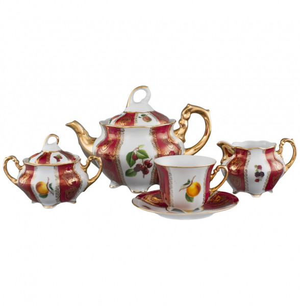 Чайный сервиз на 6 персон 15 предметов  Royal Czech Porcelain &quot;Болеро /Фрукты /Красные листики&quot; / 204680