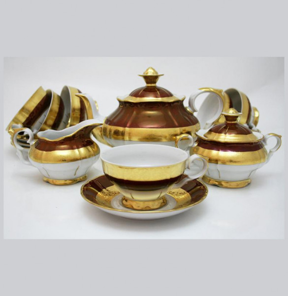 Чайный сервиз на 6 персон 15 предметов  Bohemia Porcelan Moritz Zdekauer 1810 s.r.o. &quot;Магнолия /Красная с золотой лентой&quot; / 010938