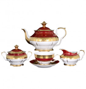 Чайный сервиз на 6 персон 15 предметов  Bohemia Porcelan Moritz Zdekauer 1810 s.r.o. "Магнолия /Красная с золотой лентой" / 010938