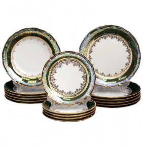 Набор тарелок 18 предметов (19, 23, 24 см)  Bavarian Porcelain "Мария-Тереза /Зелёная /Золотые листики" / 064370