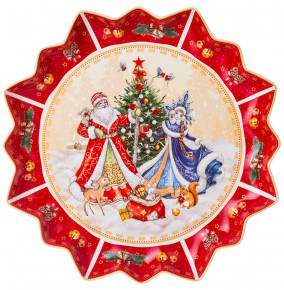 Блюдо 38 см фигурное красное  LEFARD "С Новым годом! /Дед Мороз и Снегурочка" / 267335