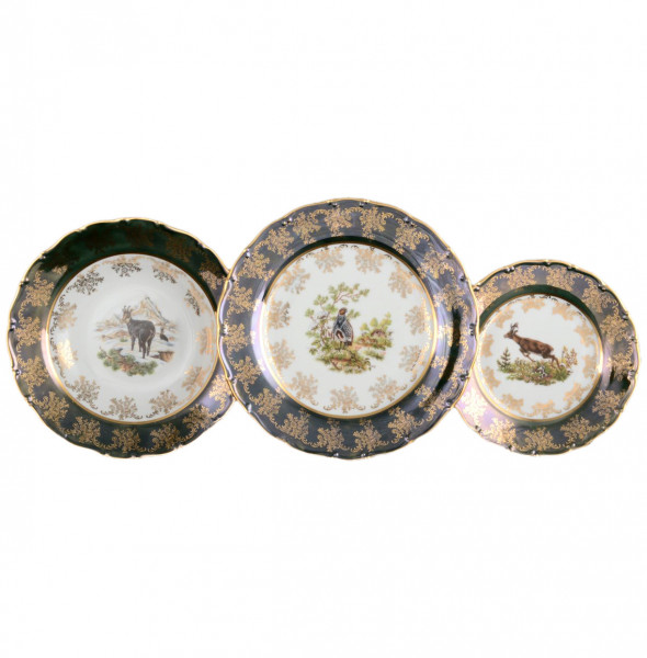 Набор тарелок 18 предметов (19, 23, 25 см)  Bohemia Porcelan Moritz Zdekauer 1810 s.r.o. &quot;Магнолия /Охота зелёная&quot; / 038362