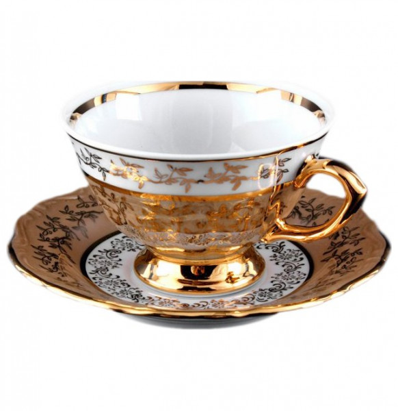 Набор чайных пар 200 мл 6 шт  Bavarian Porcelain &quot;Мария-Тереза /Бежевая/Золотые листики&quot; / 012145
