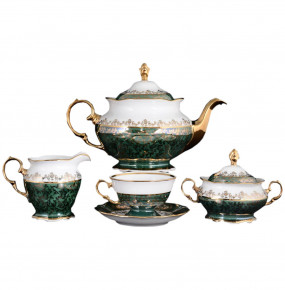 Чайный сервиз на 6 персон 15 предметов  Royal Czech Porcelain "Фредерика /Зелёная /Золотые листики" / 086865