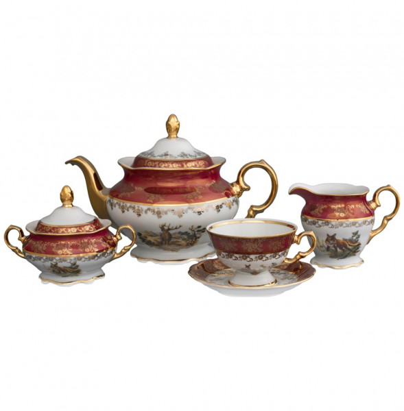 Чайный сервиз на 6 персон 15 предметов  Royal Czech Porcelain &quot;Фредерика /Охота красная&quot; / 086875