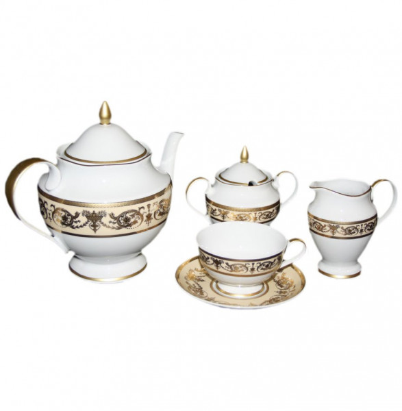 Чайный сервиз на 6 персон 15 предметов  Bavarian Porcelain &quot;Александрия /Золотой узор на бежевом&quot; / 070720
