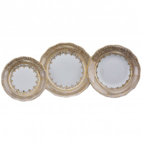 Набор тарелок 18 предметов (19, 23, 25 см)  Royal Czech Porcelain "Аляска /Бежевая /Золотые листики" / 203842