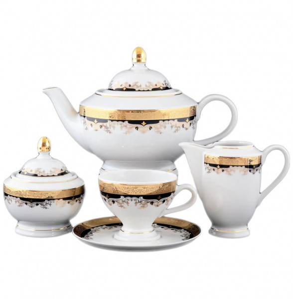 Чайный сервиз на 6 персон 15 предметов  Thun &quot;Кристина /Лилии на чёрном&quot; / 056254