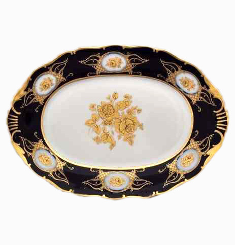 Блюдо 32 см овальное  Bohemia Porcelan Moritz Zdekauer 1810 s.r.o. &quot;Анжелика /Винтажная золотая роза /Кобальт&quot; / 010834