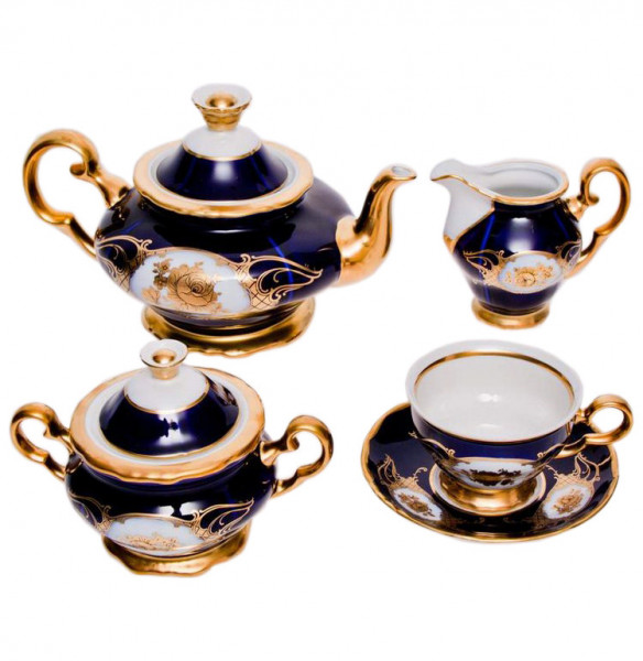 Чайный сервиз на 6 персон 15 предметов  Bohemia Porcelan Moritz Zdekauer 1810 s.r.o. &quot;Анжелика /Винтажная золотая роза /Кобальт&quot; / 011943