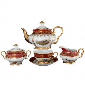 Чайный сервиз на 6 персон 15 предметов  Bohemia Porcelan Moritz Zdekauer 1810 s.r.o. "Магнолия /Охота красная" / 038345