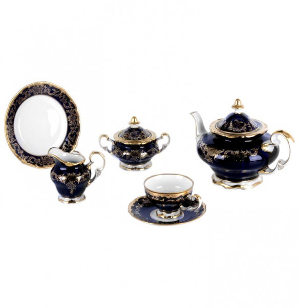 Чайный сервиз на 6 персон 21 предмет  Weimar Porzellan &quot;Ювел /Синий с золотым узором&quot; (подарочная упаковка) / 002216