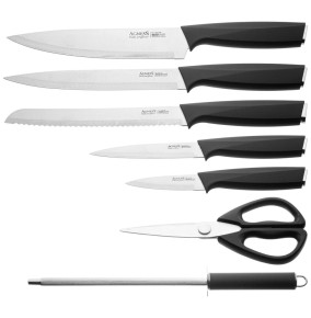 Набор кухонных ножей 8 предметов на пластиковой вращающейся подставке чёрные Agness / 341638