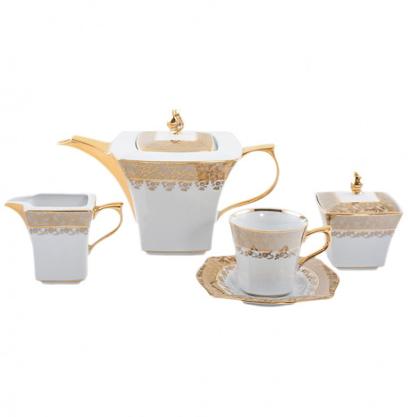 Чайный сервиз на 6 персон 15 предметов  Royal Czech Porcelain &quot;Львов /Бежевый /Золотые листики&quot; / 203417