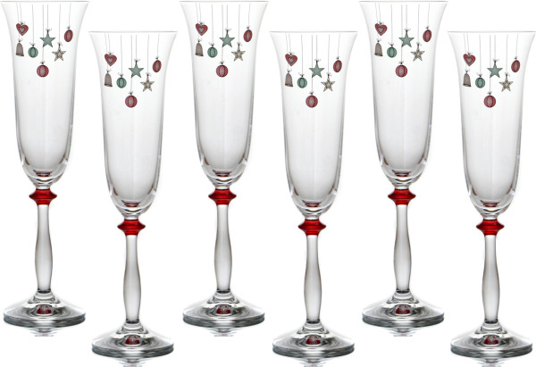 Бокалы для шампанского 190 мл 6 шт  Crystalex CZ s.r.o. &quot;Анжела /Новогодние игрушки&quot; красный ободок / 170300