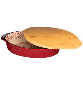Блюдо для запекания 31 х 20,5 х 6 см с деревянной крышкой-доской красное  Agness "Цветочный узор" / 230263
