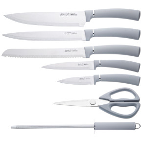 Набор кухонных ножей 8 предметов на пластиковой вращающейся подставке серые Agness / 341637