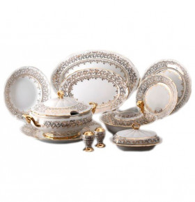 Столовый сервиз на 6 персон 27 предметов  Bavarian Porcelain "Мария-Тереза /Белая /Золотые листики" / 068020