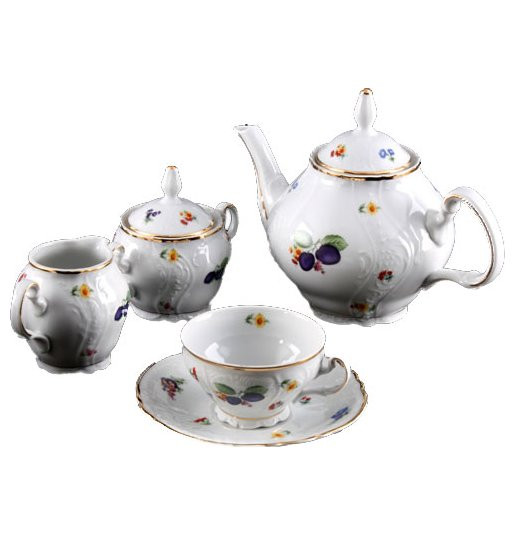 Чайный сервиз на 6 персон 15 предметов  Thun &quot;Бернадотт /Сливы&quot; (чашка 205 мл, блюдца 15 см) / 123973