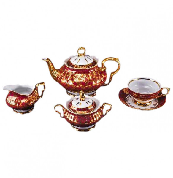 Чайный сервиз на 6 персон 15 предметов  Bohemia Porcelan Moritz Zdekauer 1810 s.r.o. &quot;Магнолия /Красная с золотыми листиками&quot; / 053048