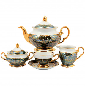 Чайный сервиз на 6 персон 17 предметов  Sterne porcelan "Фредерика /Золотые листья на зелёном" / 128786