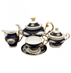 Чайный сервиз на 6 персон 15 предметов  Bohemia Porcelan Moritz Zdekauer 1810 s.r.o. "Анжелика /Золотые розы /Кобальт" / 035926