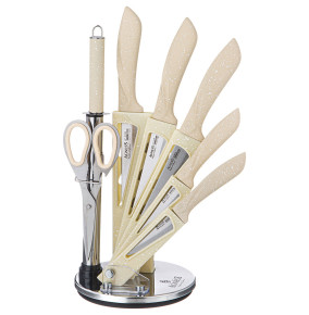 Набор кухонных ножей 8 предметов с ножницами и мусатом на пластиковой подставке бежевые Agness / 341633