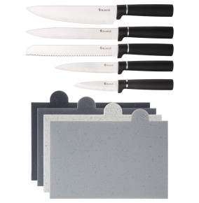 Набор 10 предметов (5 ножей, 4 доски и подставка) чёрный Agness / 341785