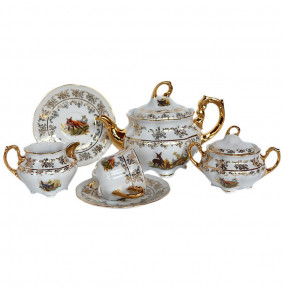 Чайный сервиз на 6 персон 15 предметов  Royal Czech Porcelain "Болеро /Охота белая" (без чайника, молочник + 1 чашка) / 203642