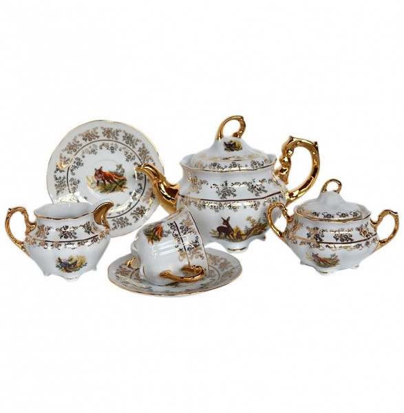 Чайный сервиз на 6 персон 15 предметов  Royal Czech Porcelain &quot;Болеро /Охота белая&quot; (без чайника, молочник + 1 чашка) / 203642