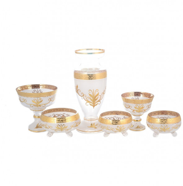 Набор конфетниц с вазой для цветов 6 предметов белые  Star Crystal &quot;Лепка /Антик золото /Золотые листья&quot; SC / 140560
