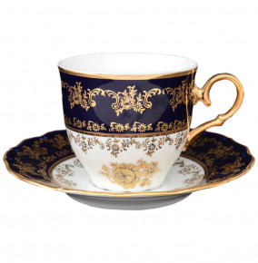 Набор чайных пар 220 мл 6 шт высокие  Bohemia Porcelan Moritz Zdekauer 1810 s.r.o. "Офелия /Золотые розы /Кобальт" / 035922
