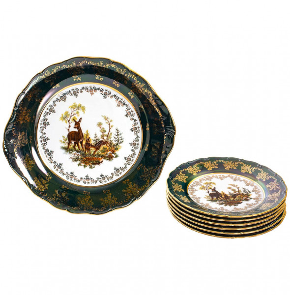 Набор для торта 7 предметов  Royal Czech Porcelain &quot;Офелия /Охота зеленая&quot; / 203984